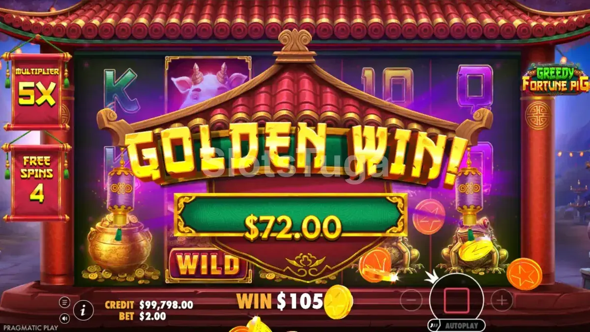 Grande vitória no Greedy Fortune Pig com tela de celebração