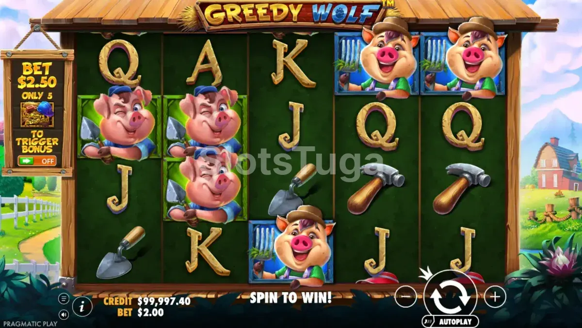 Tela inicial do jogo Greedy Wolf com os três porquinhos e o lobo