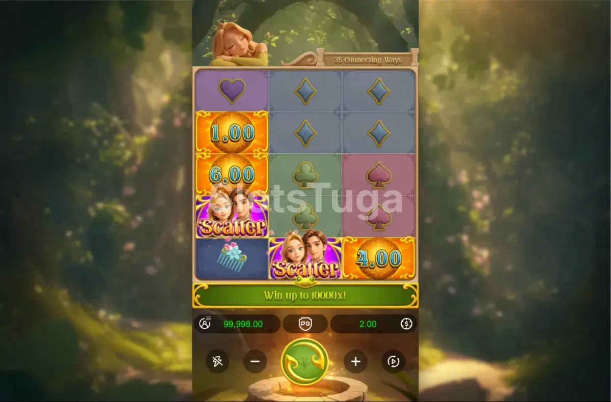 Jogo base de Grimms Bounty Princess & the Frog com símbolos de prémio na grelha
