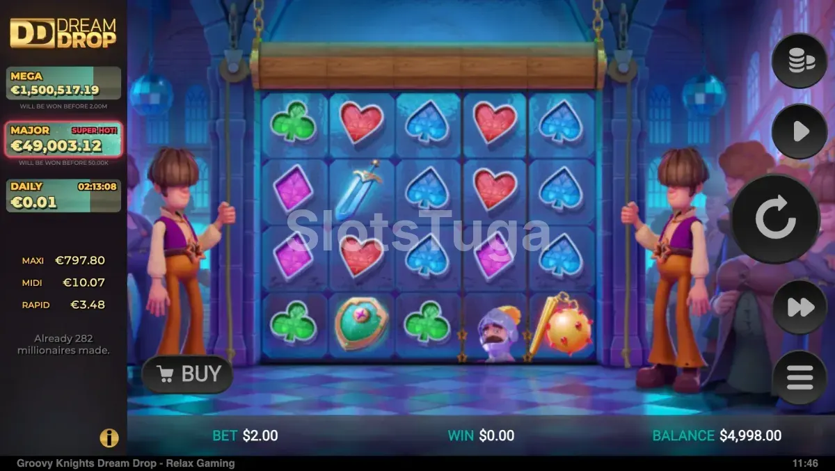 Tela principal do Groovy Knights Dream Drop com cavaleiros dançando na pista