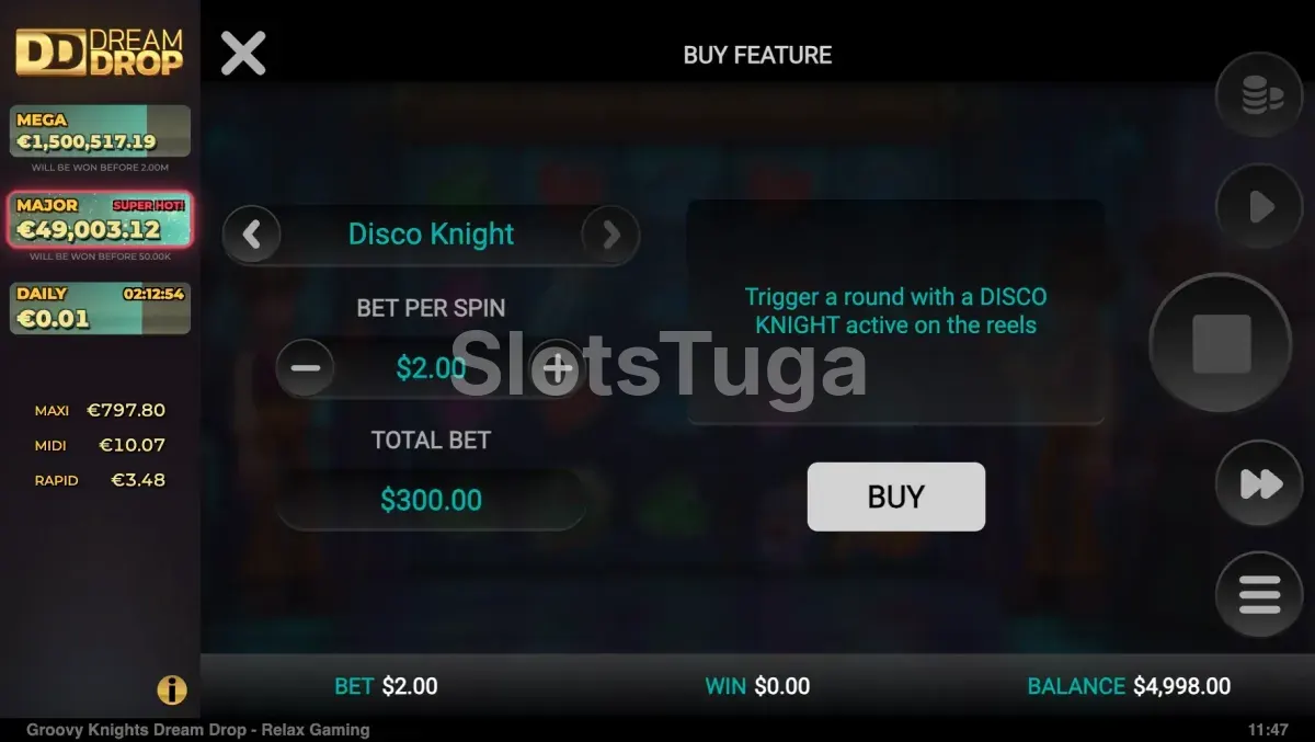 Opções de compra de bônus disponíveis no Groovy Knights Dream Drop
