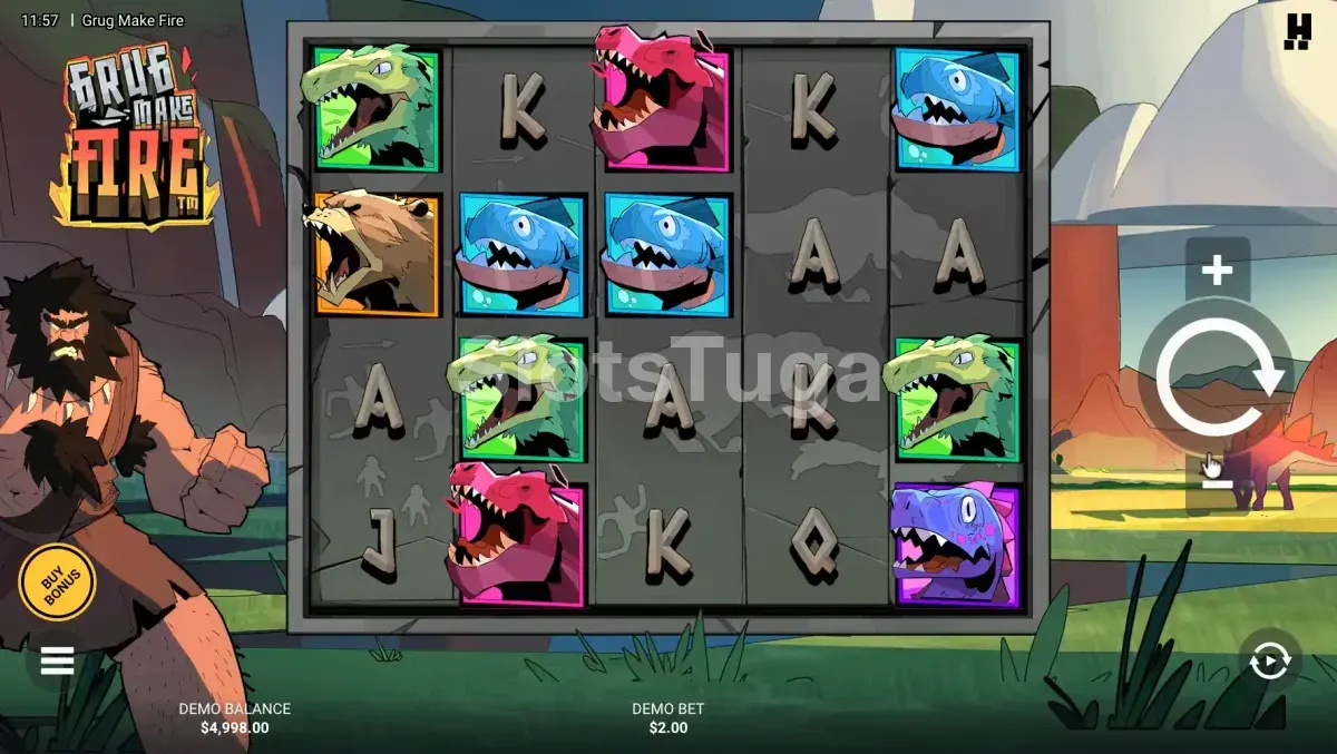 Jogo base do Grug Make Fire com símbolos de dinossauros no grid