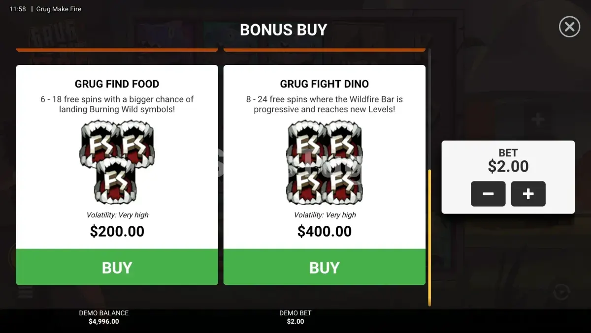 Menu de compra de bônus disponível no Grug Make Fire