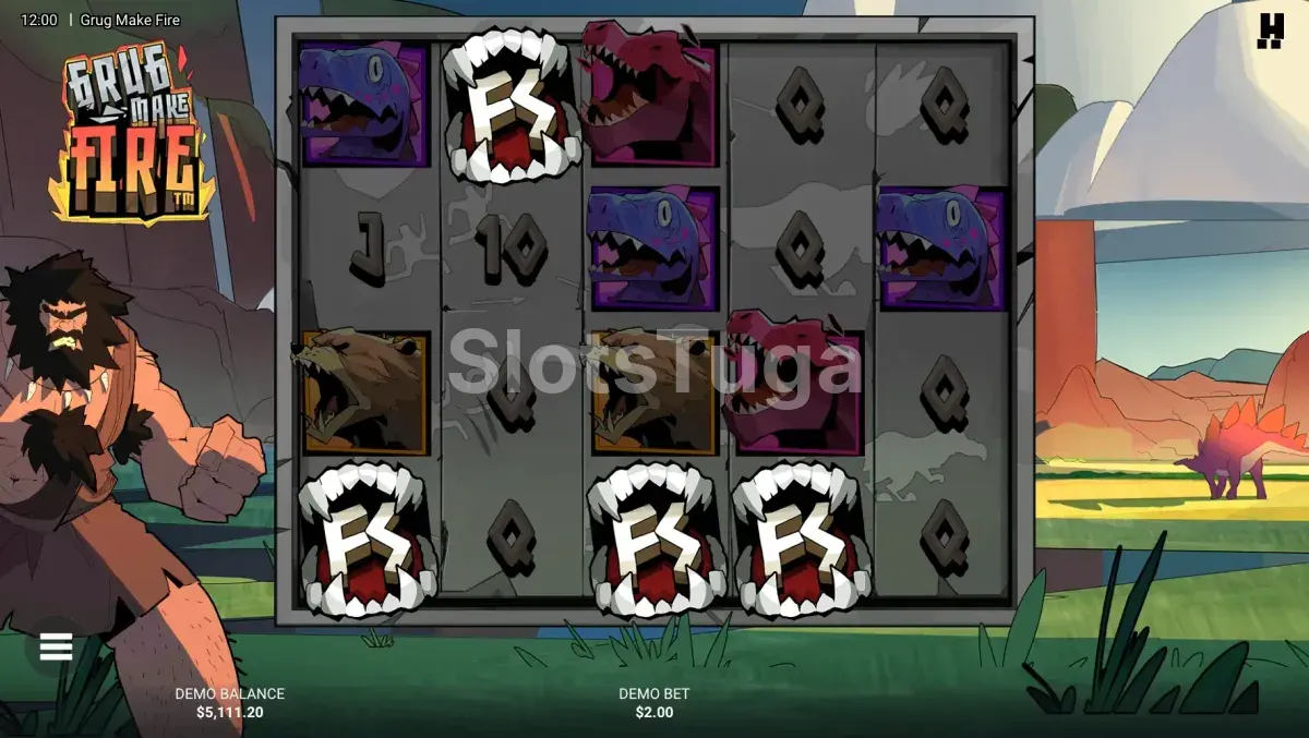Rodadas grátis ativadas no Grug Make Fire com multiplicadores