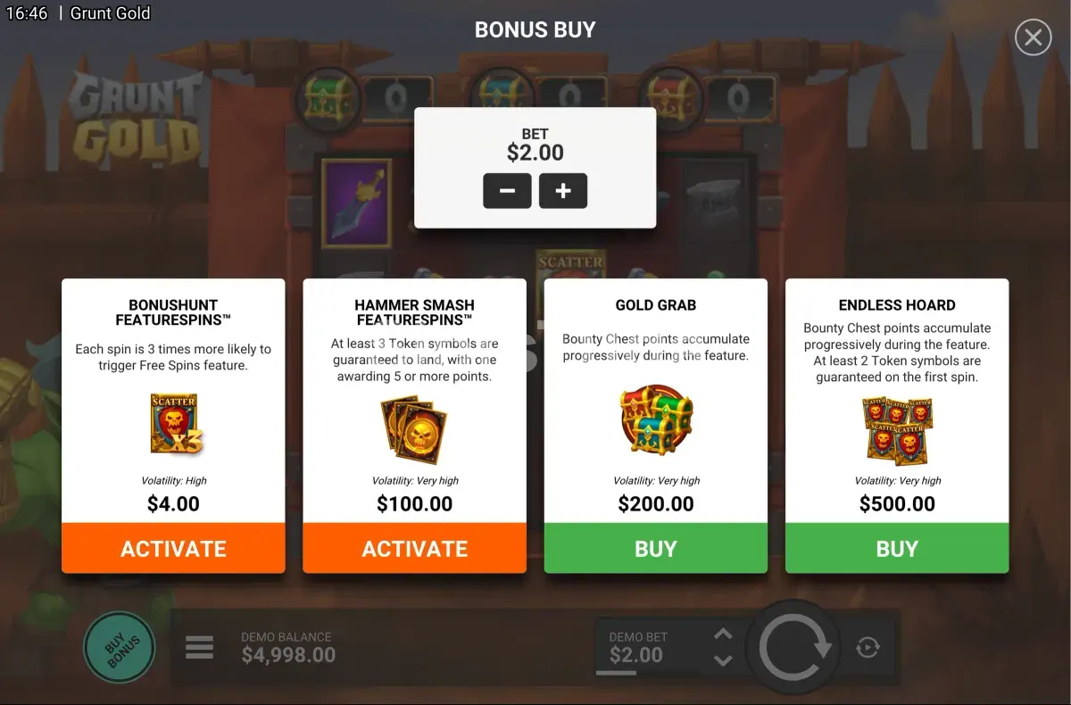 Tela de compra de bônus da slot Grunt Gold