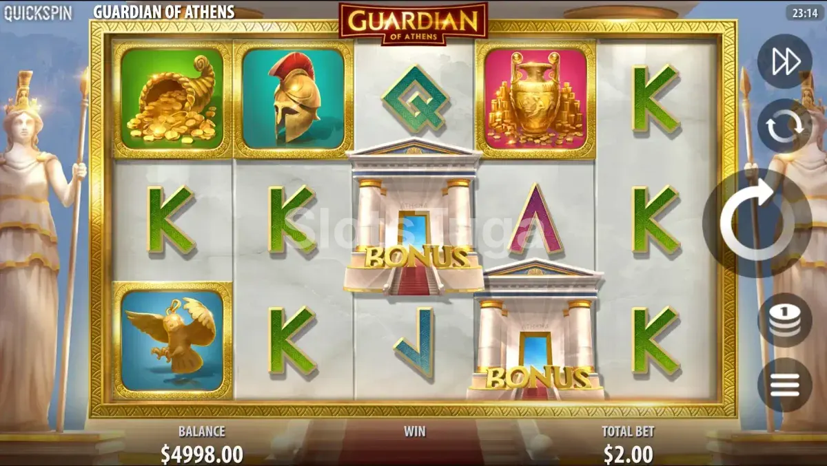 Guardian of Athens: cinco rolos claros entre duas estátuas de Atena, com cornucópia, capacete, ânfora e águia douradas, e dois templos com a palavra bonus sobre os rolos.