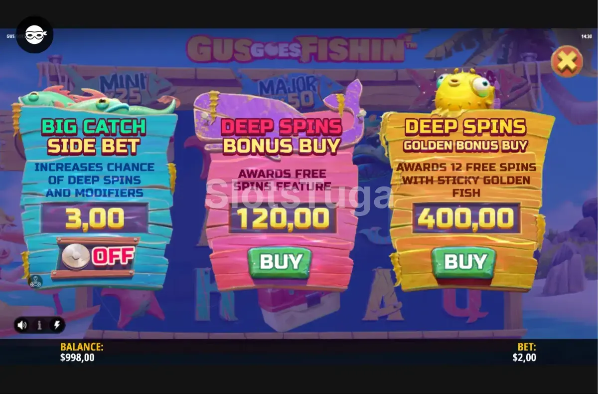 Tela de compra de bônus da slot Gus Goes Fishin' com opções disponíveis