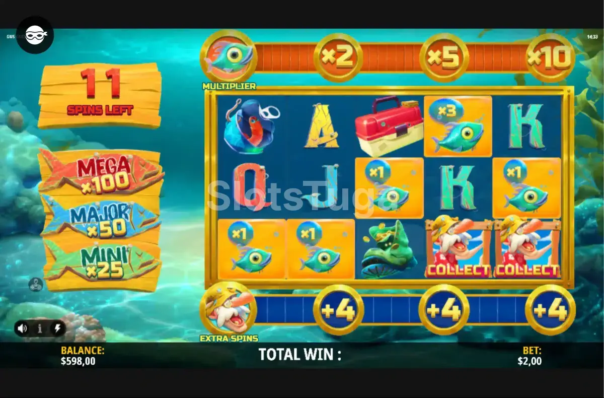 Rodadas grátis ativadas na slot Gus Goes Fishin' com multiplicadores em ação