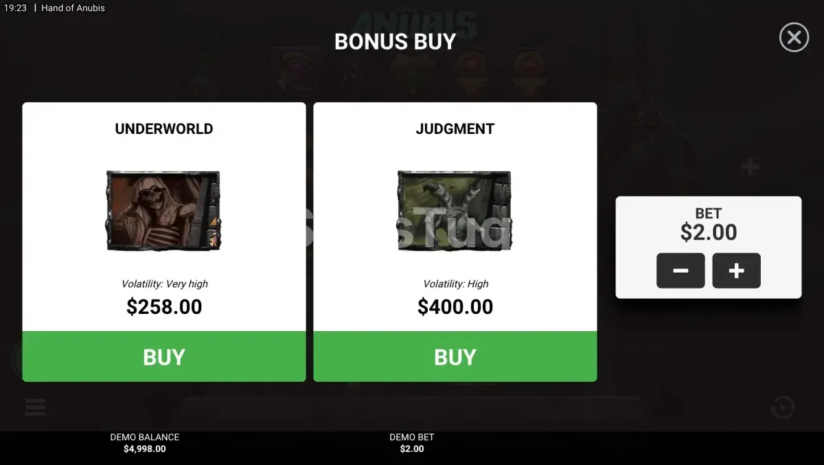 Tela de compra de bônus da slot Hand of Anubis com opções Underworld e Judgement