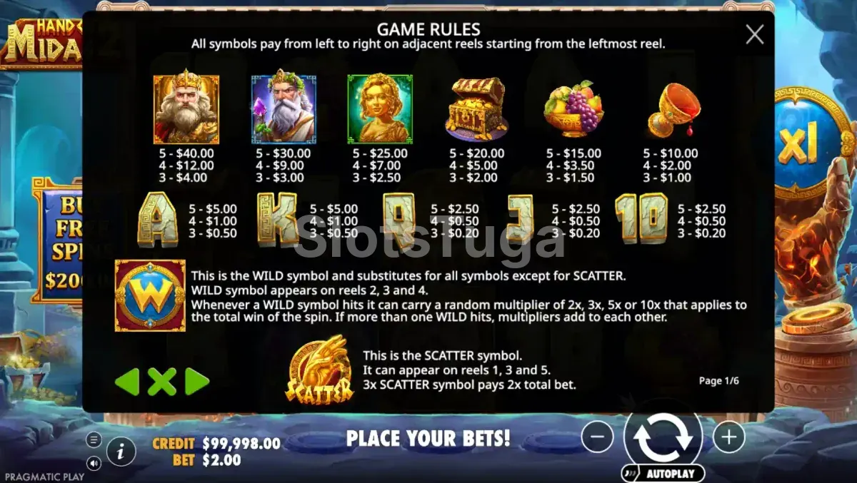 Tabela de pagamentos da slot Hand of Midas 2