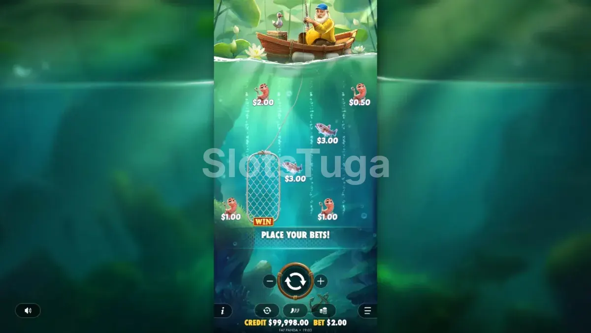 Tela principal do jogo Happy Nets com pescador e rede