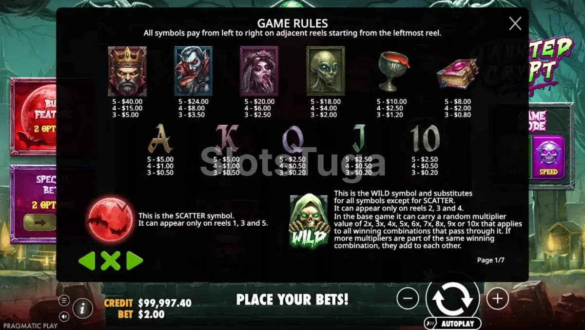 Tabela de pagamentos de Haunted Crypt com os valores por símbolo