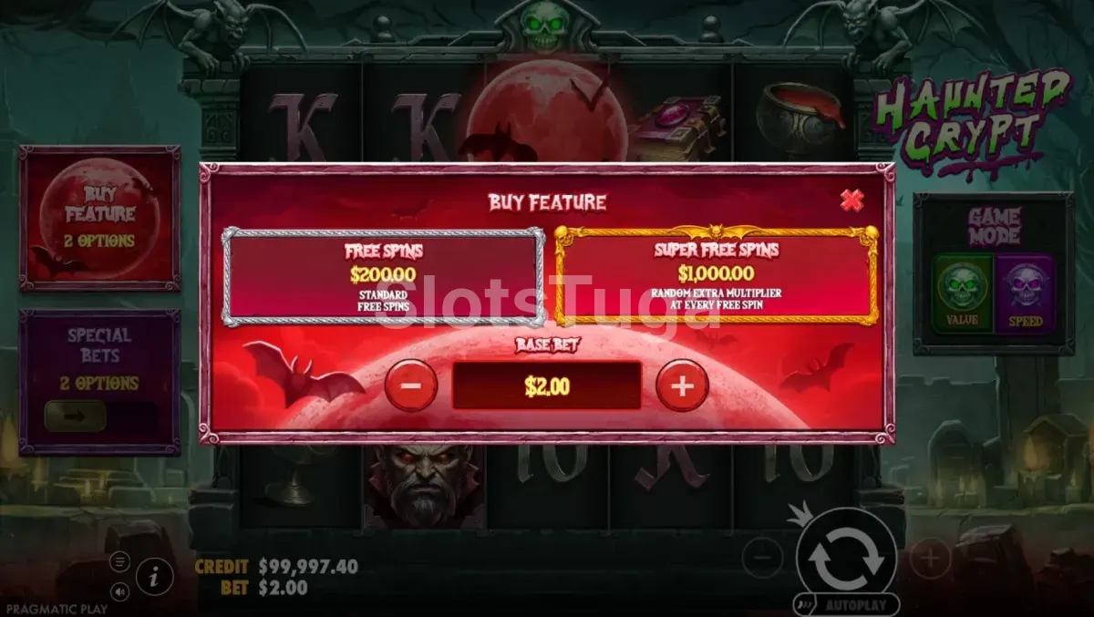 Ecrã de compra de bónus de Haunted Crypt com as opções de 100x e 500x