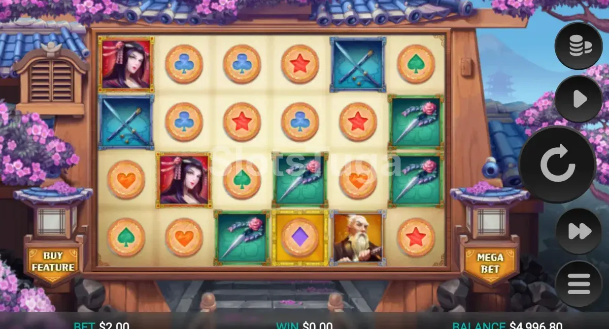 Jogo base da slot Hazakura Ways com grid de 6 rolos