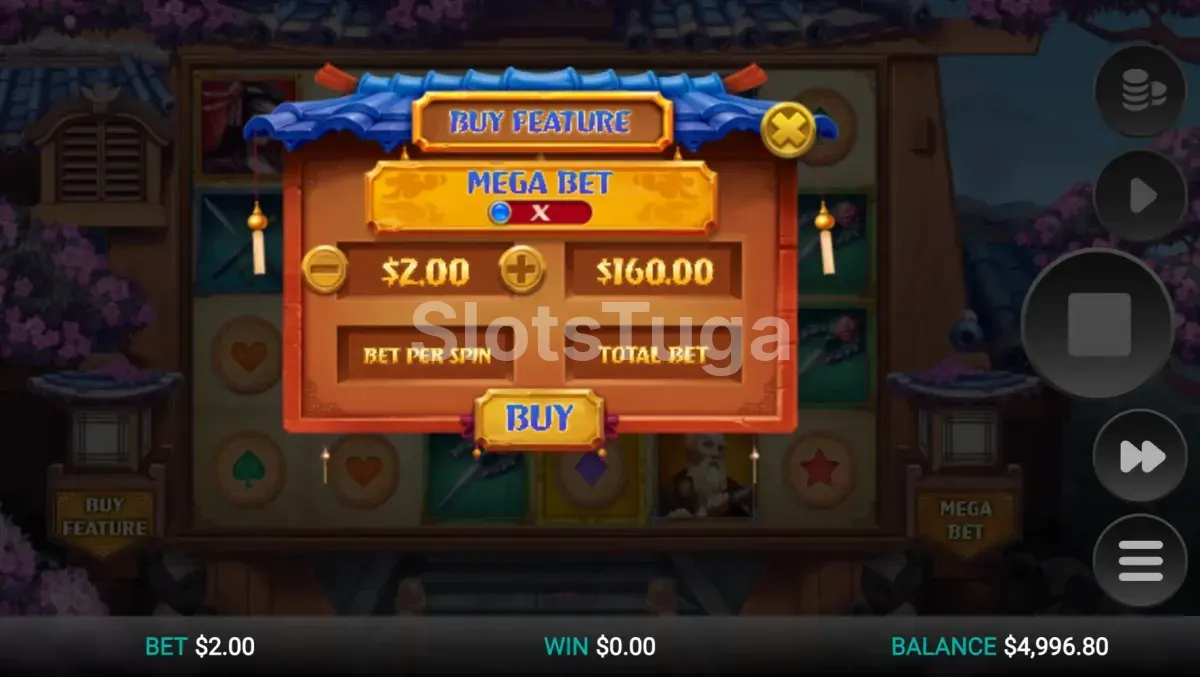 Tela de compra de bônus da slot Hazakura Ways com opções de Bonus Buy