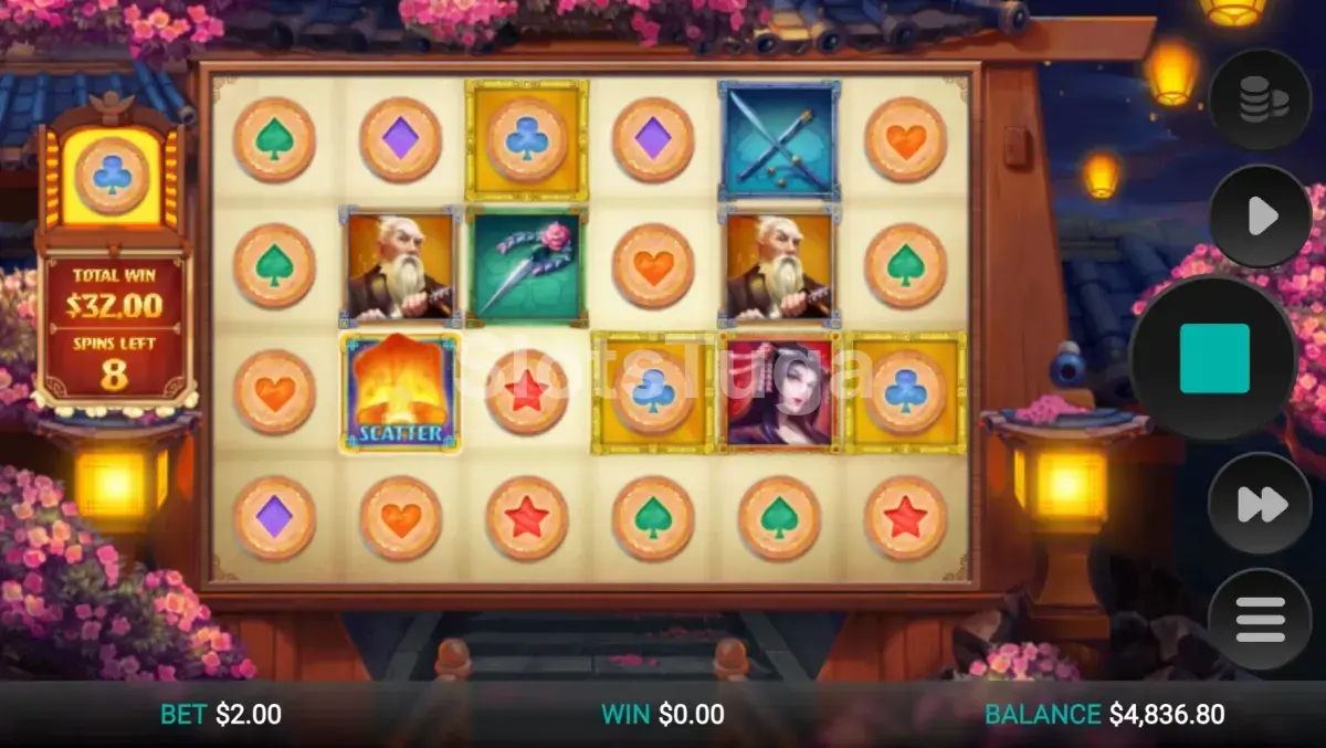 Rodadas grátis em andamento na slot Hazakura Ways com símbolo especial expandido