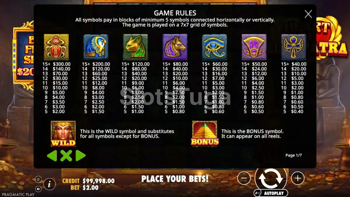 Tabela de pagamentos da slot Heart of Cleopatra