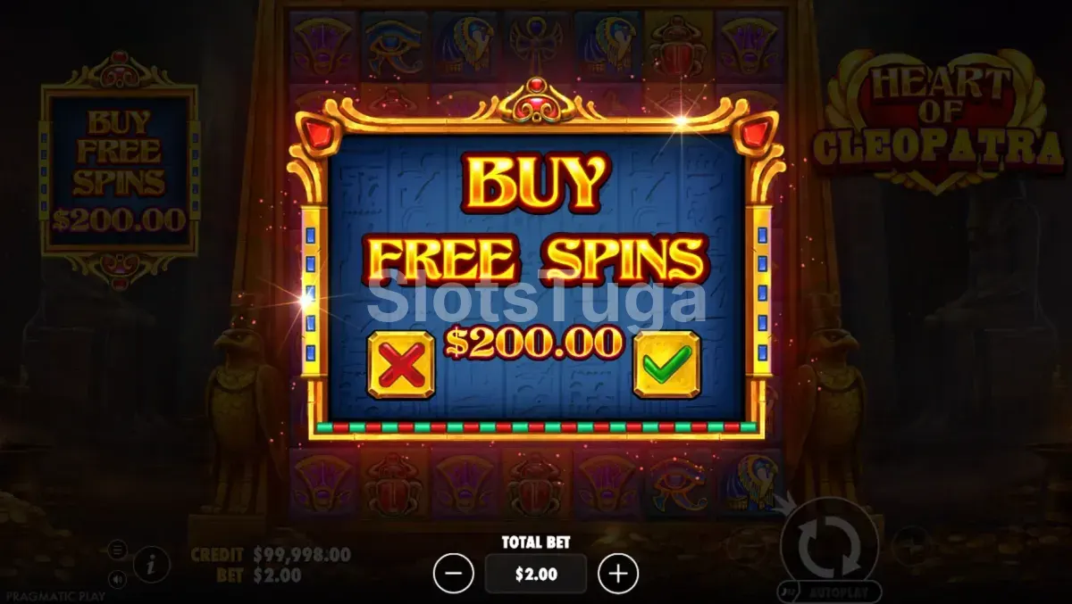 Interface de Bonus Buy da slot Heart of Cleopatra