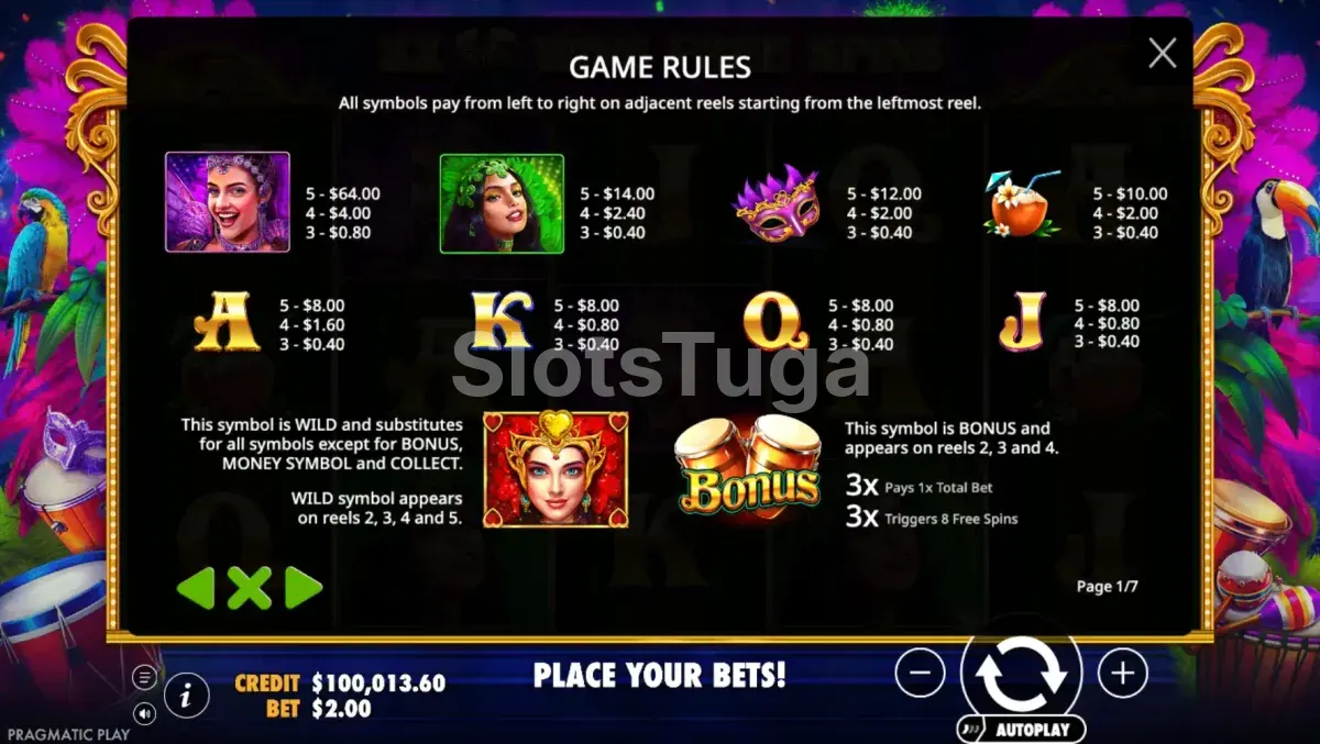 Tabela de pagamentos completa da slot Heart of Rio