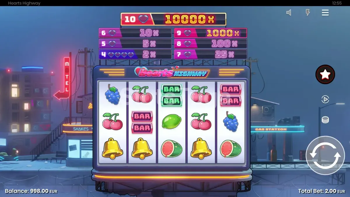 Jogo base da slot Hearts Highway com interface futurista e símbolos clássicos