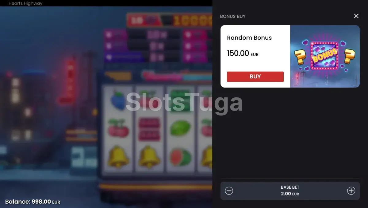 Tela de compra de bônus da Hearts Highway com opções de Bonus Buy