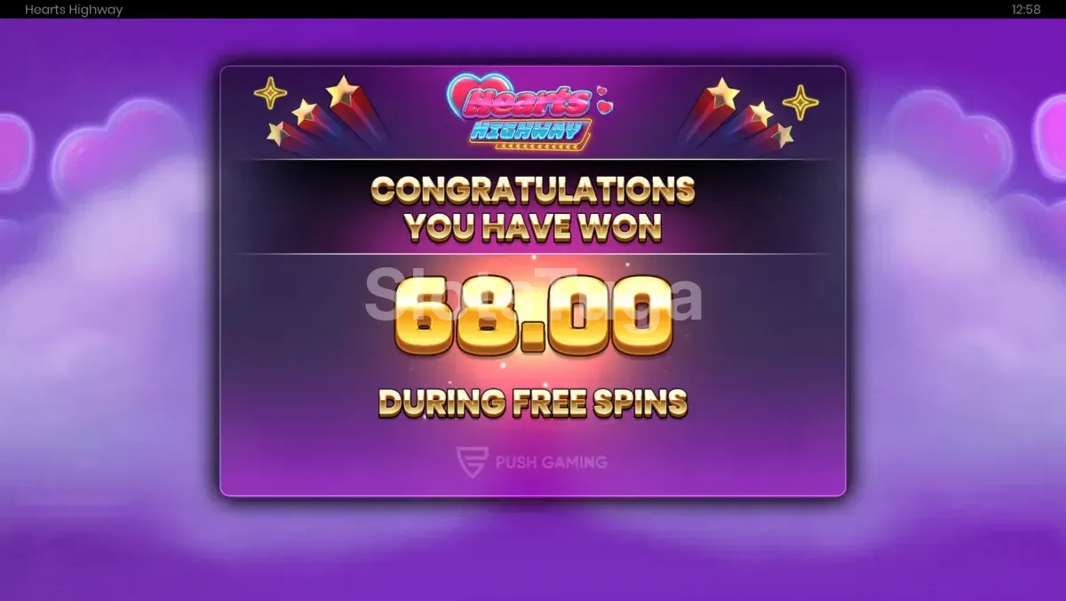 Big win na Hearts Highway com corações vermelhos preenchendo os rolos