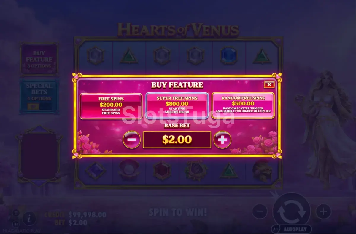 Tela de compra de bônus da Hearts of Venus com opções de feature buy