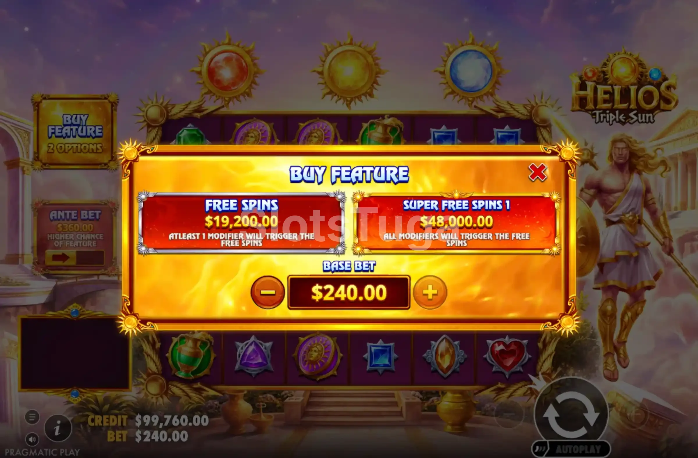 Ecrã de compra de bónus em Helios Triple Sun