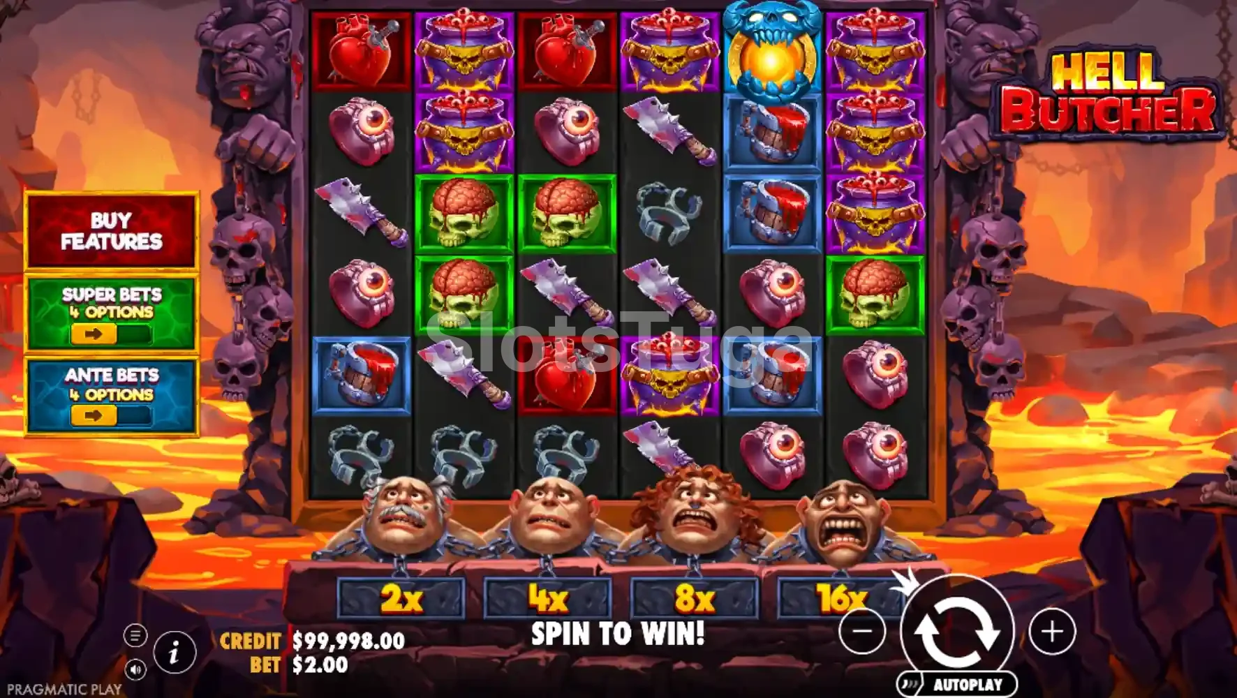Jogo base da slot Hell Butcher com grid 6x6 em chamas