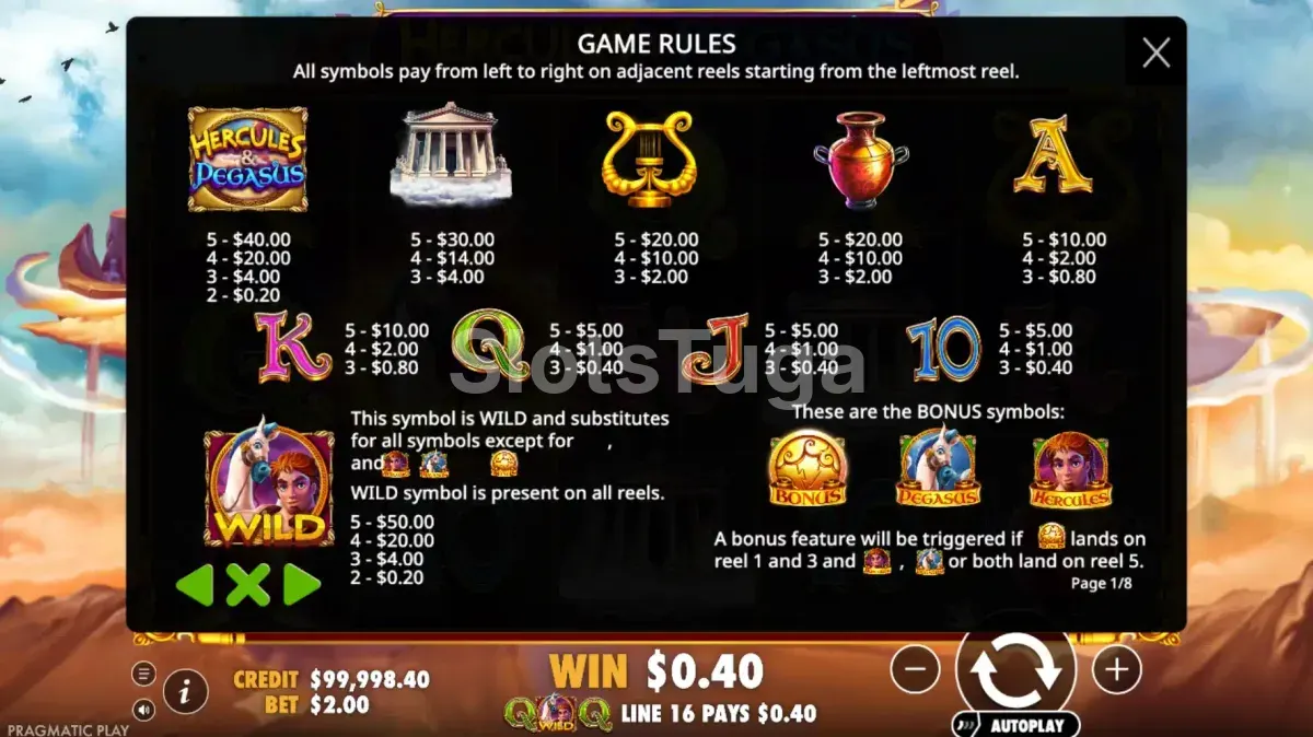 Tabela de pagamentos da slot Hercules And Pegasus mostrando os símbolos e seus valores