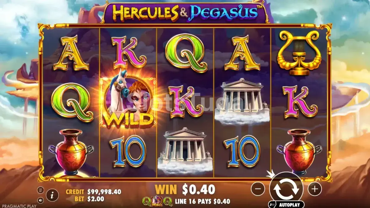 Tela principal do jogo Hercules And Pegasus com os rouleaux cheios de símbolos mitológicos