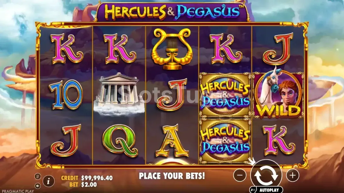 Rodada em andamento na Hercules And Pegasus com wild expandido no rouleau central