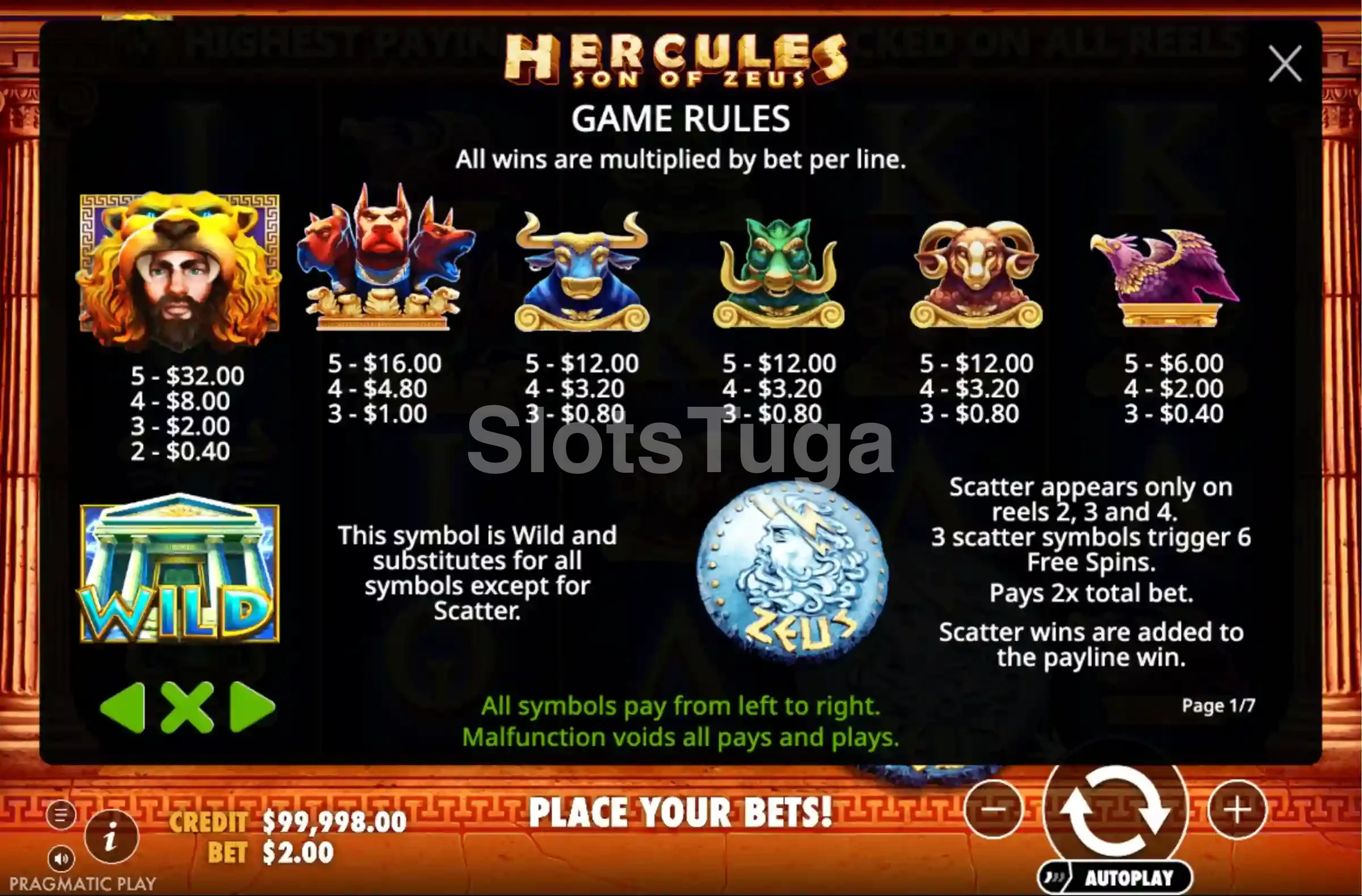 Tabela de pagamentos da slot Hercules Son of Zeus
