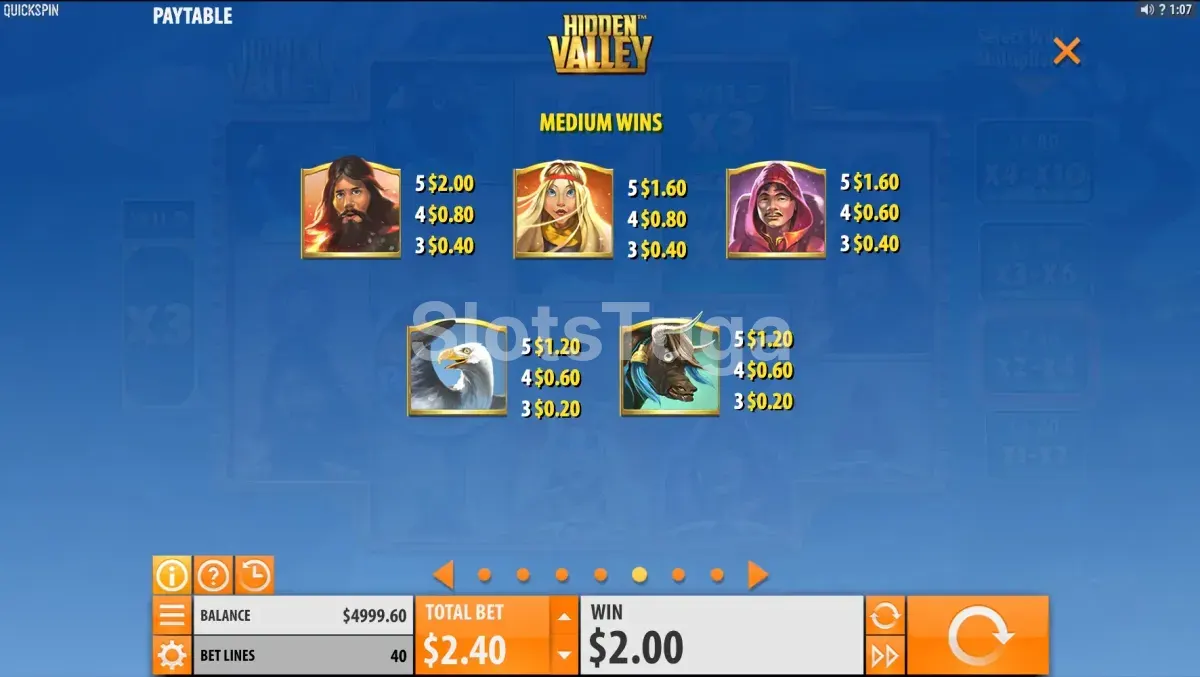 Tabela de pagamentos da slot Hidden Valley da Quickspin