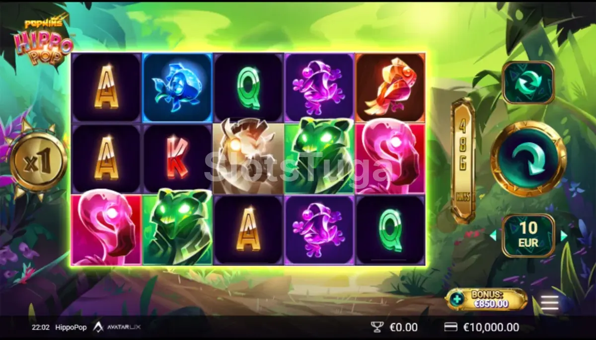 Jogo base da slot HippoPop com hipopótamo e bolhas coloridas