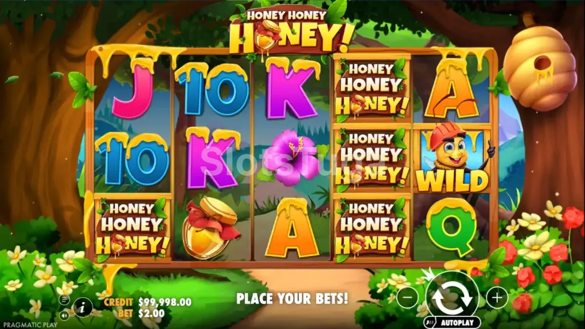 Jogo base da slot Honey Honey Honey com rolos e símbolos coloridos
