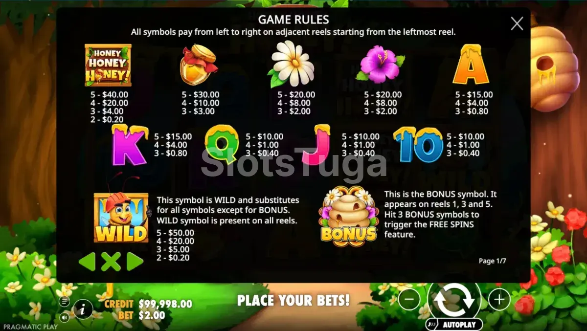 Tabela de pagamentos da slot Honey Honey Honey da Pragmatic Play