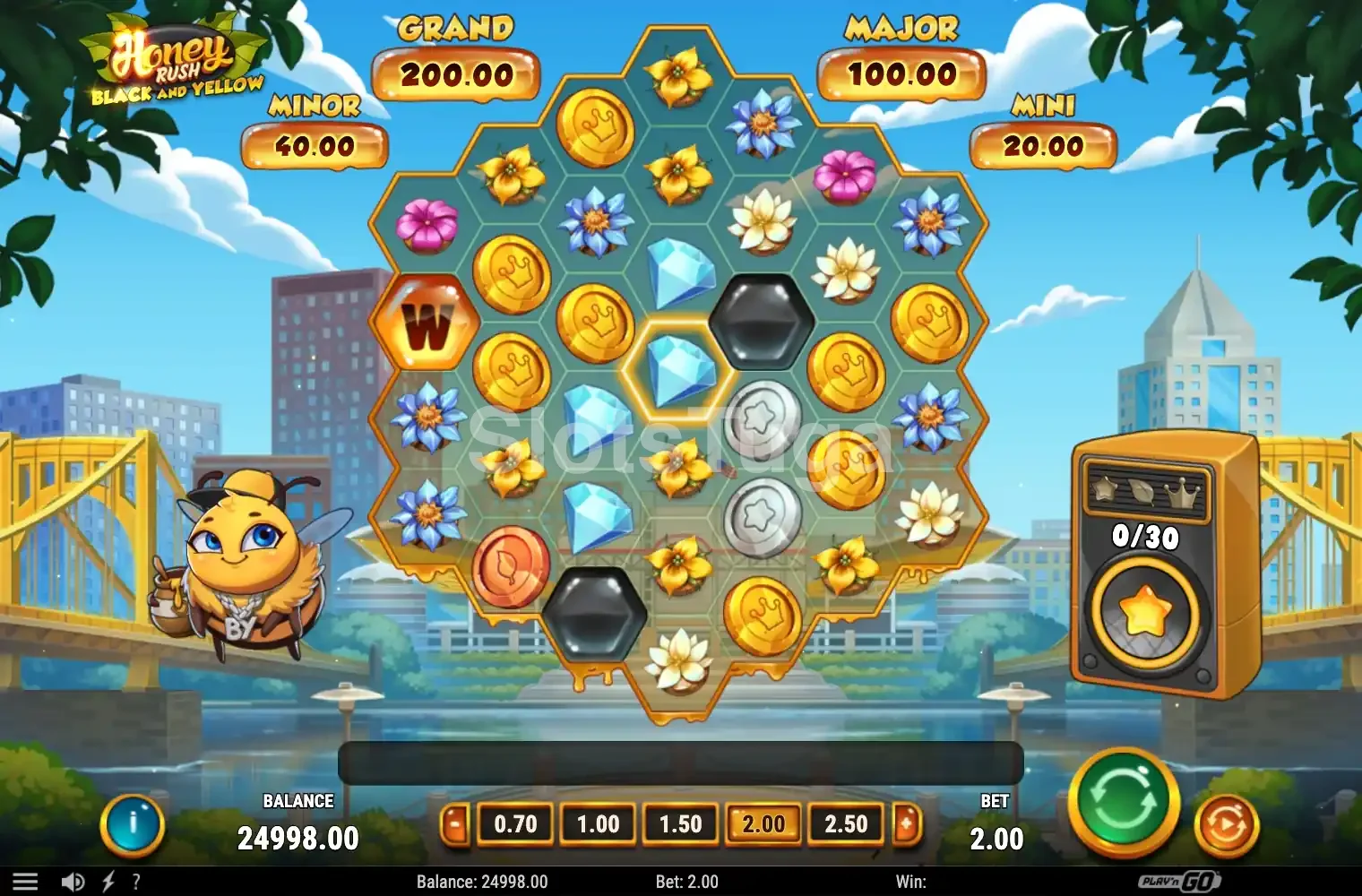 Tela principal do slot Honey Rush Black and Yellow com a grade de 7 rouleaux