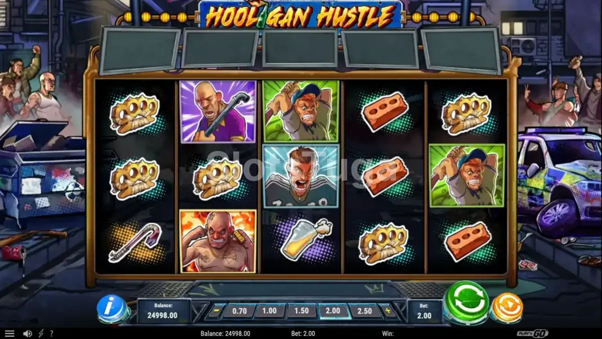 Tela principal da slot Hooligan Hustle com a grade de 5 rolos