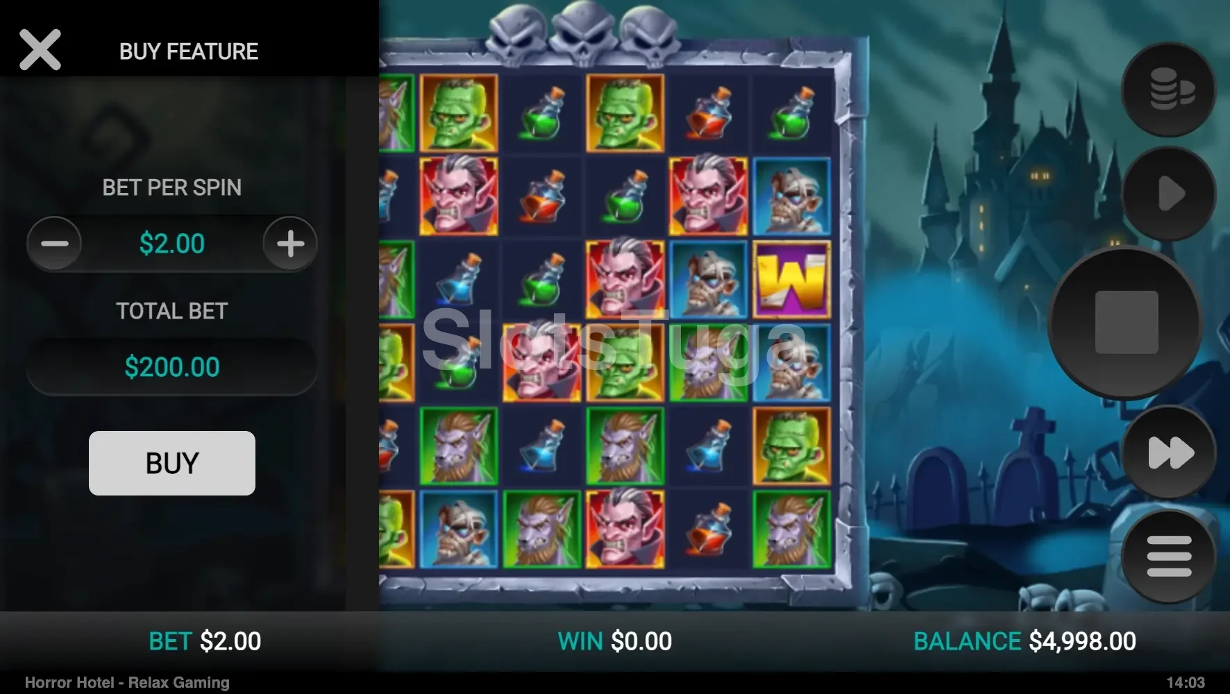 Tela de compra de bônus da slot Horror Hotel