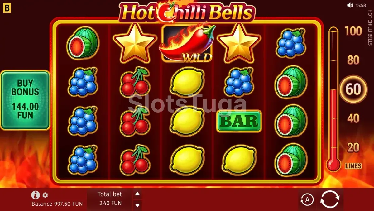 Jogo base da Hot Chilli Bells com símbolos clássicos e layout vibrante
