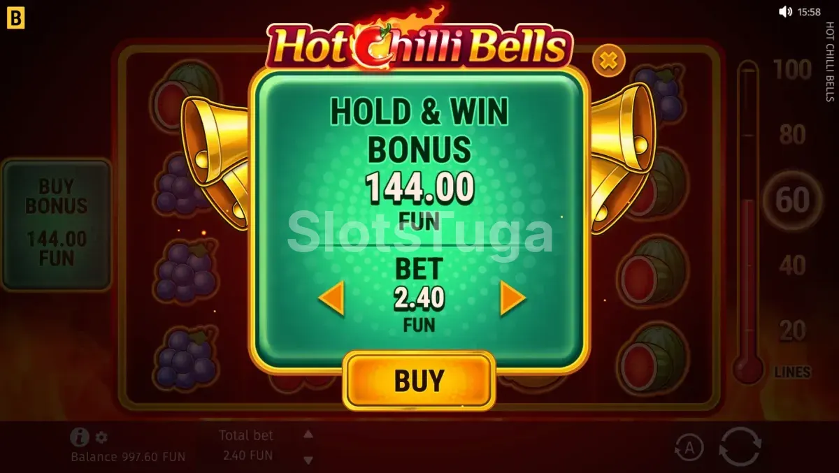 Tela de compra de bônus da Hot Chilli Bells com opções disponíveis
