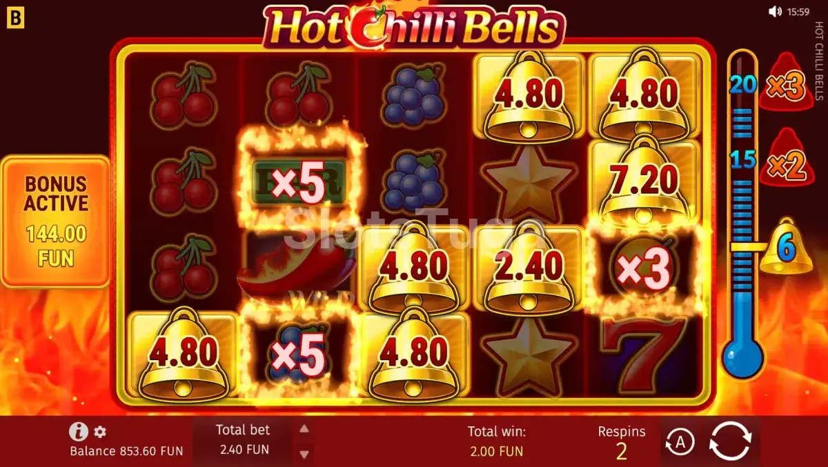 Rodada de giros grátis da Hot Chilli Bells com multiplicadores ativos
