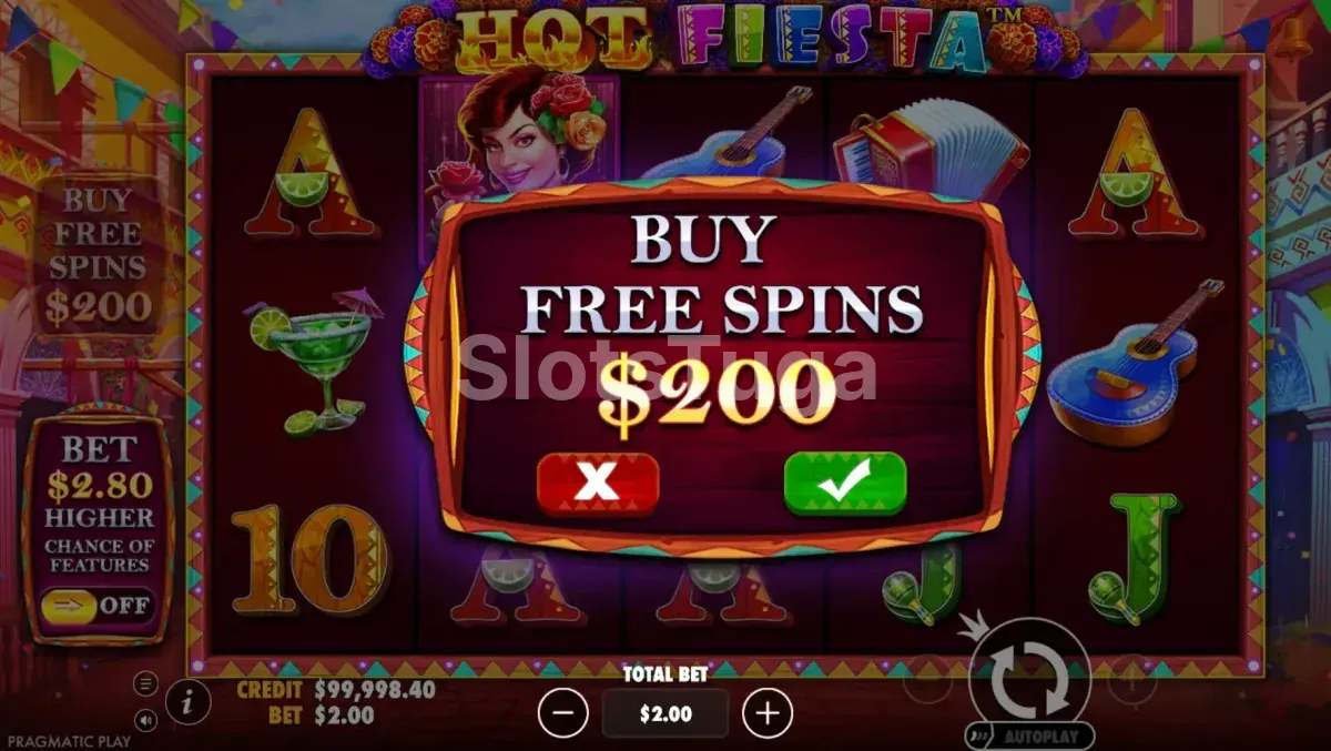Tela de compra de bônus do Hot Fiesta com opções de Bonus Buy