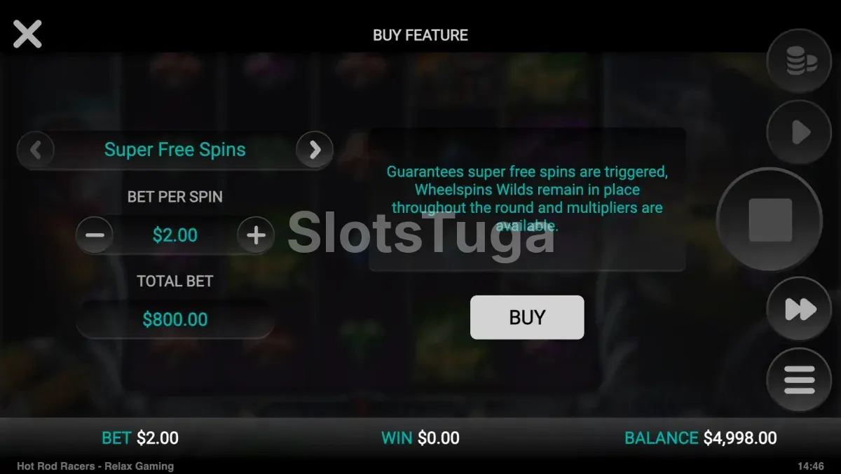 Tela de Bonus Buy da slot Hot Rod Racers com opções de compra de bônus