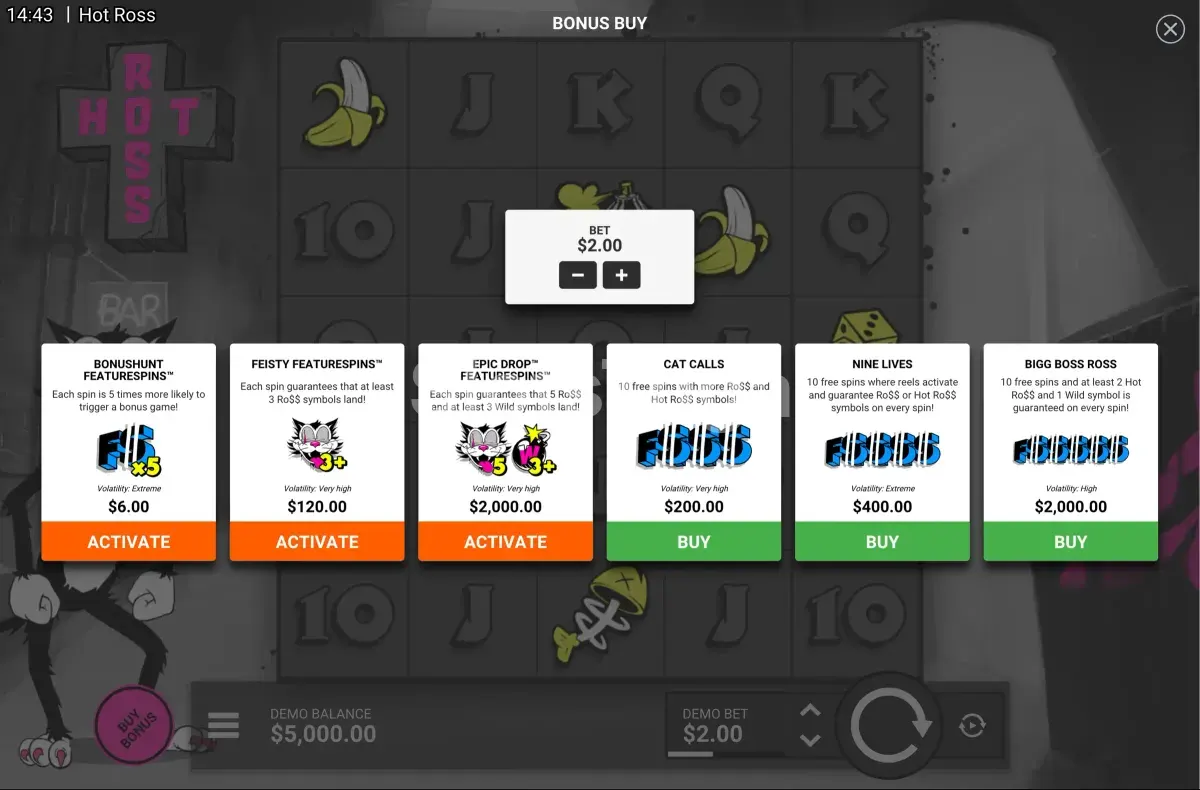 Tela do Bonus Buy disponível na Hot Ross da Hacksaw Gaming