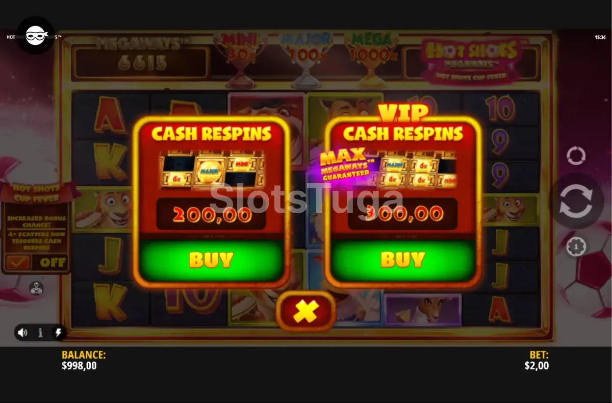 Tela de compra de bônus da Hot Shots Megaways com opções disponíveis