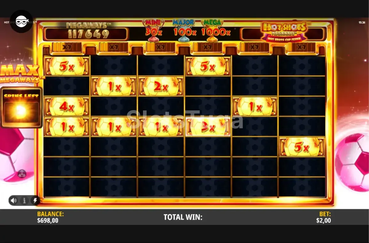 Rodada de giros grátis da Hot Shots Megaways com multiplicador ativo