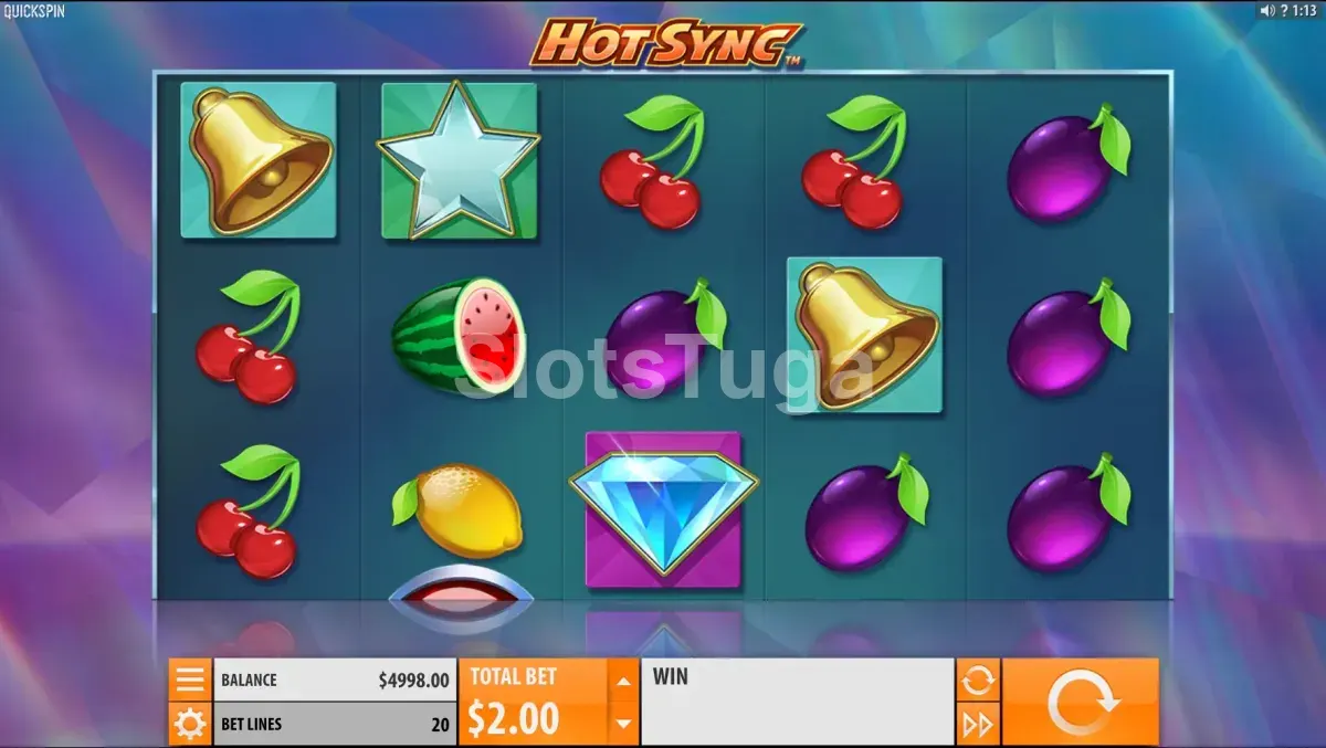 Tela principal da slot Hot Sync com símbolos de frutas coloridos