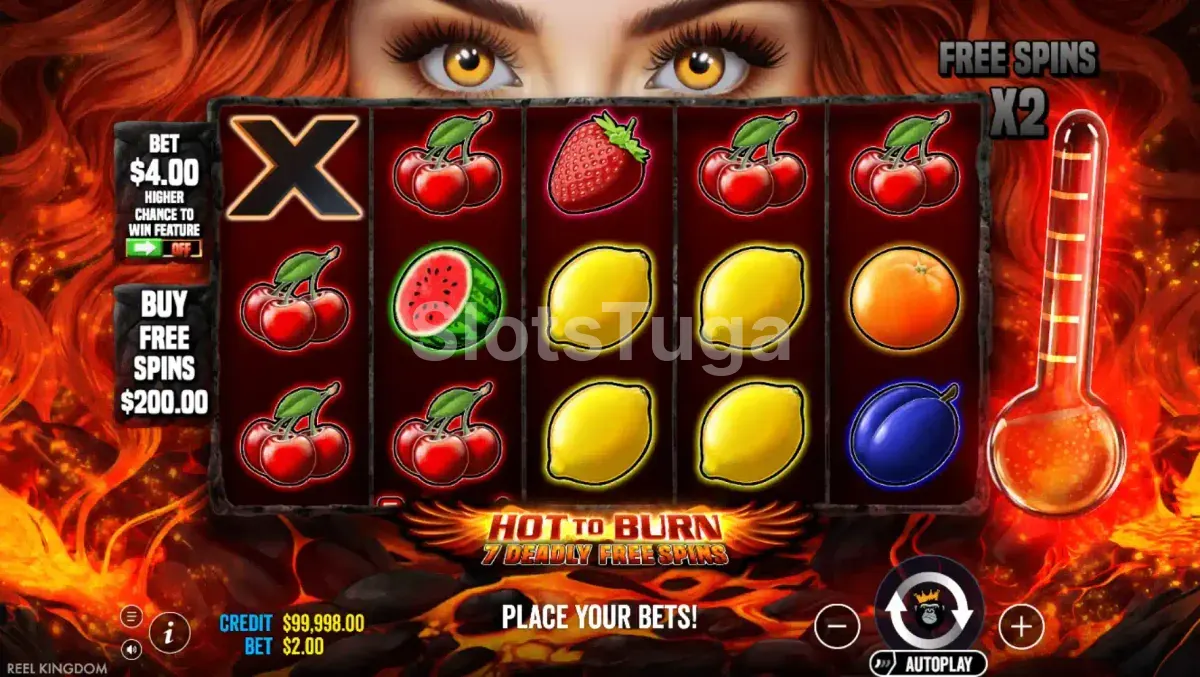Jogo base da Hot to Burn 7 Deadly Free Spins com símbolos clássicos e chamas